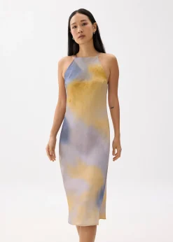 Abstract Satin Bias Cut Midi Dress