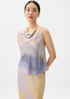 Abstract Satin Cowl Neck Shell Top