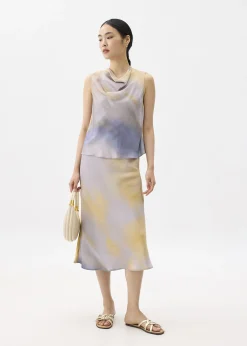 Abstract Satin Cowl Neck Shell Top