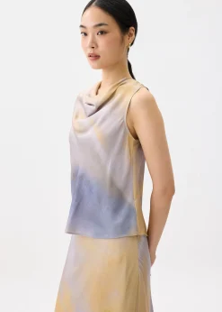 Abstract Satin Cowl Neck Shell Top