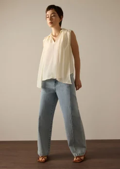 Ariska Detachable Sash Crepe Satin Collared Blouse