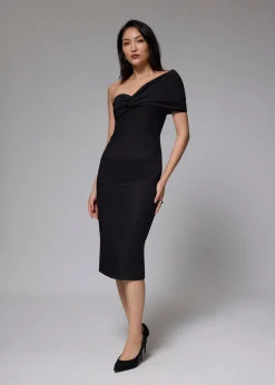 Asymmetric Front Twist Column Midi Dress