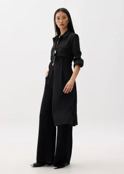 Belted Collared Long Sleeve Midi Dress