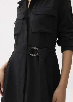 Belted Collared Long Sleeve Midi Dress