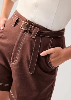 Belted Contrast Stitch High Waist Shorts