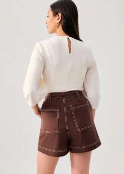 Belted Contrast Stitch High Waist Shorts