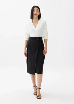 Belted Front Wrap Column Midi Skirt