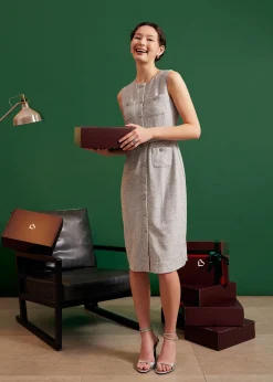 Belted Tweed Column Midi Dress