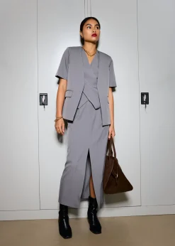 Blake Tailored Pinstripe Front Slit Column Maxi Skirt