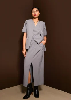 Blake Tailored Pinstripe Front Slit Column Maxi Skirt