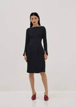 Boat Neck Flare Sleeve Column Midi Dress
