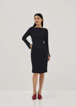 Boat Neck Flare Sleeve Column Midi Dress
