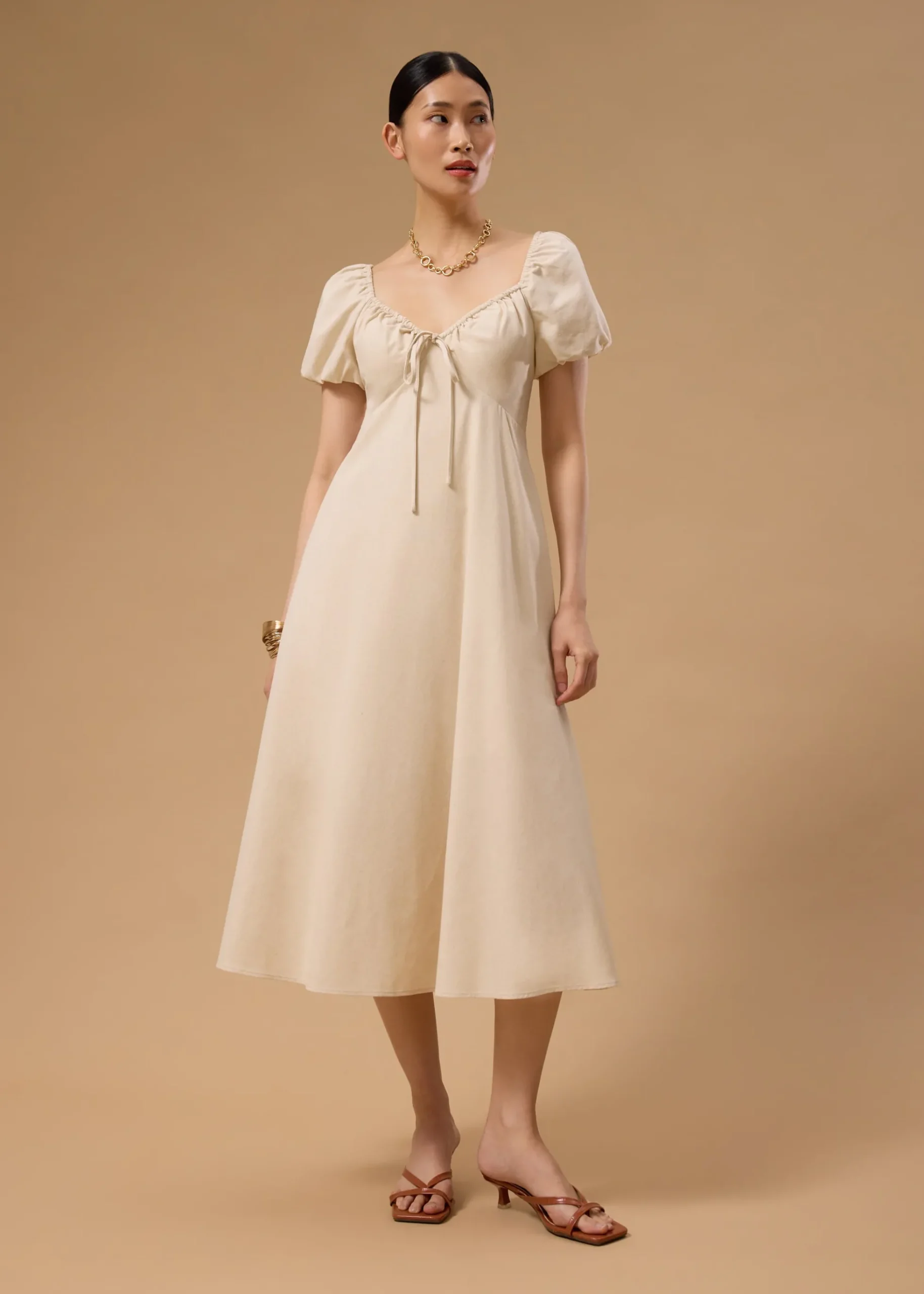 BraFree by LB Linen Sweetheart Puff Sleeve Midaxi Dress