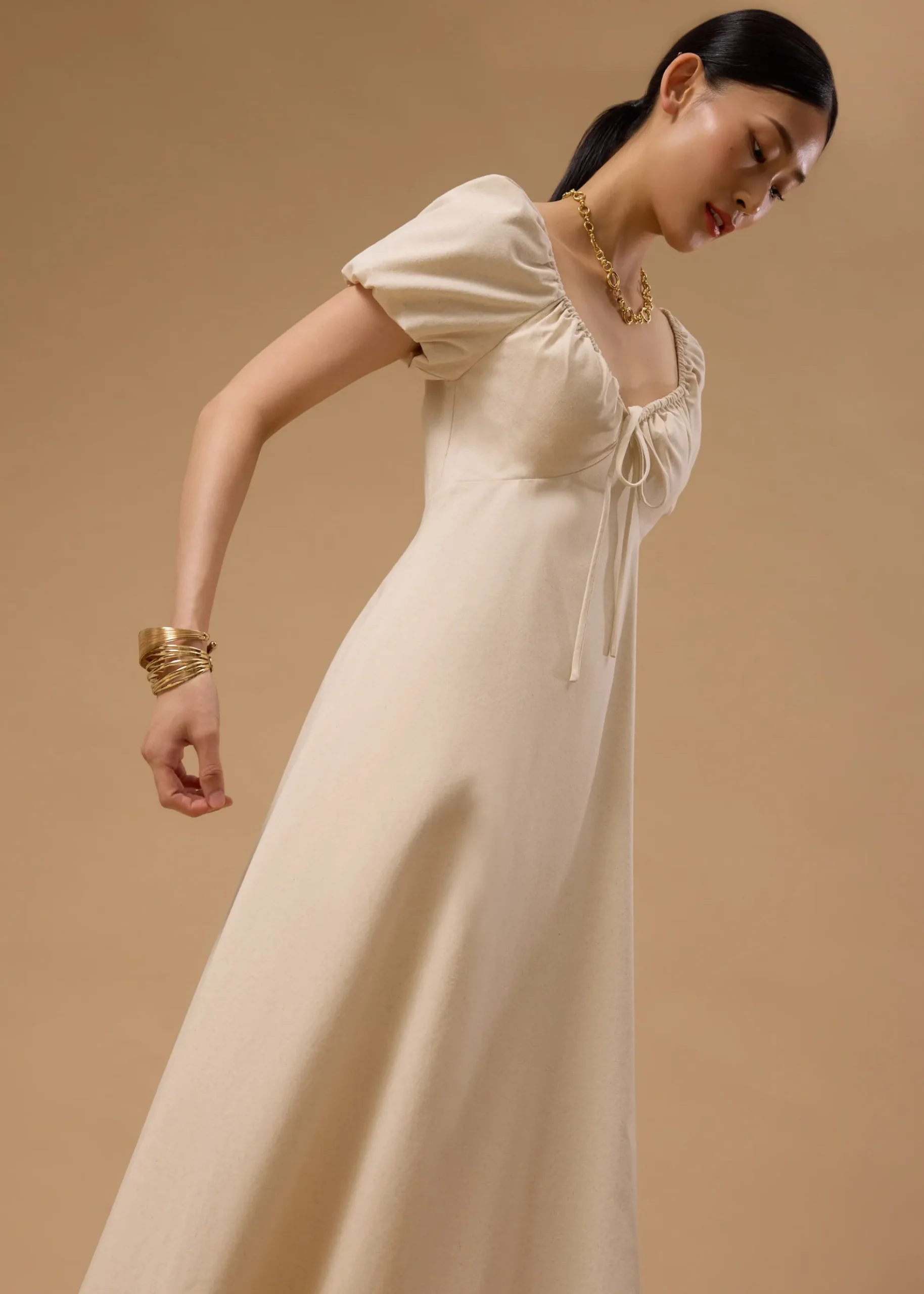 BraFree by LB Linen Sweetheart Puff Sleeve Midaxi Dress
