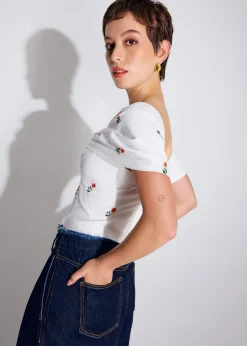 BraFree by LB Ruched Cotton Floral Embroidery Off-Shoulder Fitted Top