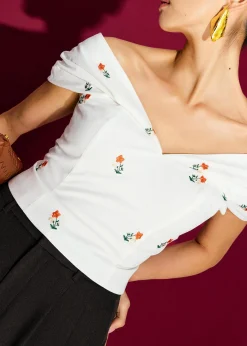 BraFree by LB Ruched Cotton Floral Embroidery Off-Shoulder Fitted Top