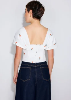 BraFree by LB Ruched Cotton Floral Embroidery Off-Shoulder Fitted Top