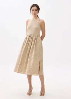 Broderie Round Neck Fit & Flare Midi Dress