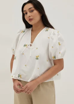 Calliope Embroidered Puff Sleeve Cotton Blouse