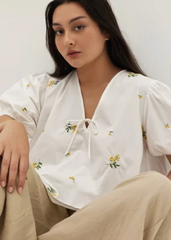 Calliope Embroidered Puff Sleeve Cotton Blouse