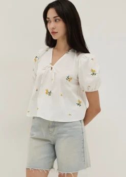 Calliope Embroidered Puff Sleeve Cotton Blouse