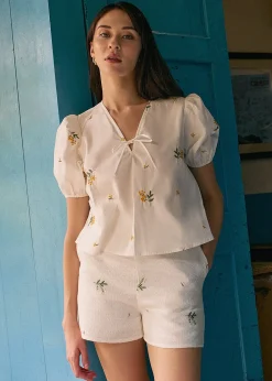 Calliope Embroidered Puff Sleeve Cotton Blouse