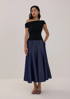 Chambray Flare Maxi Skirt