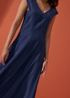 Chambray Panelled Cap Sleeve Fit & Flare Midi Dress
