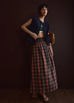Checkered Cotton Flare Maxi Skirt
