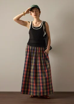 Checkered Cotton Flare Maxi Skirt