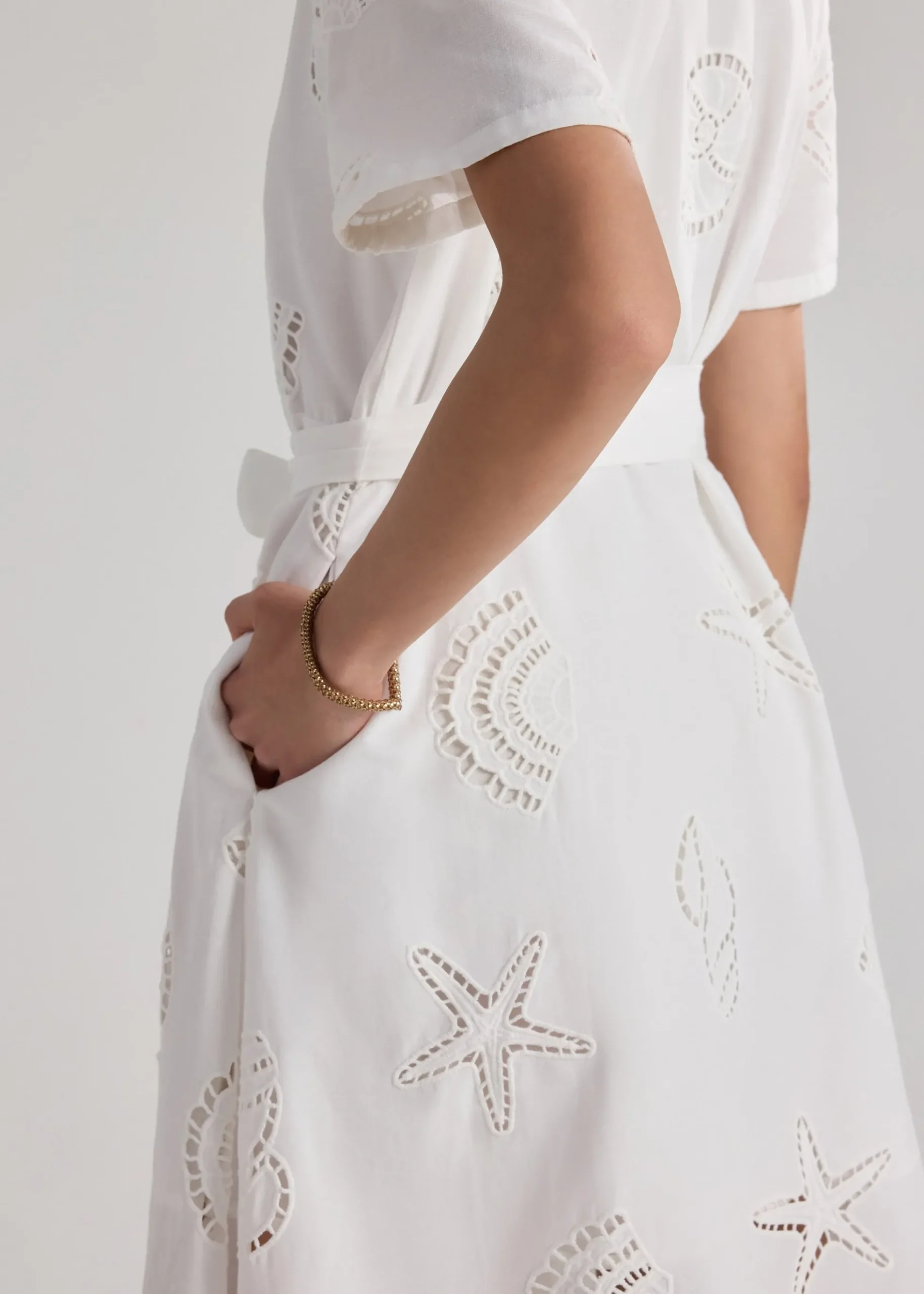Collared Fit & Flare Dress With Sash in Tidal Escape Broderie