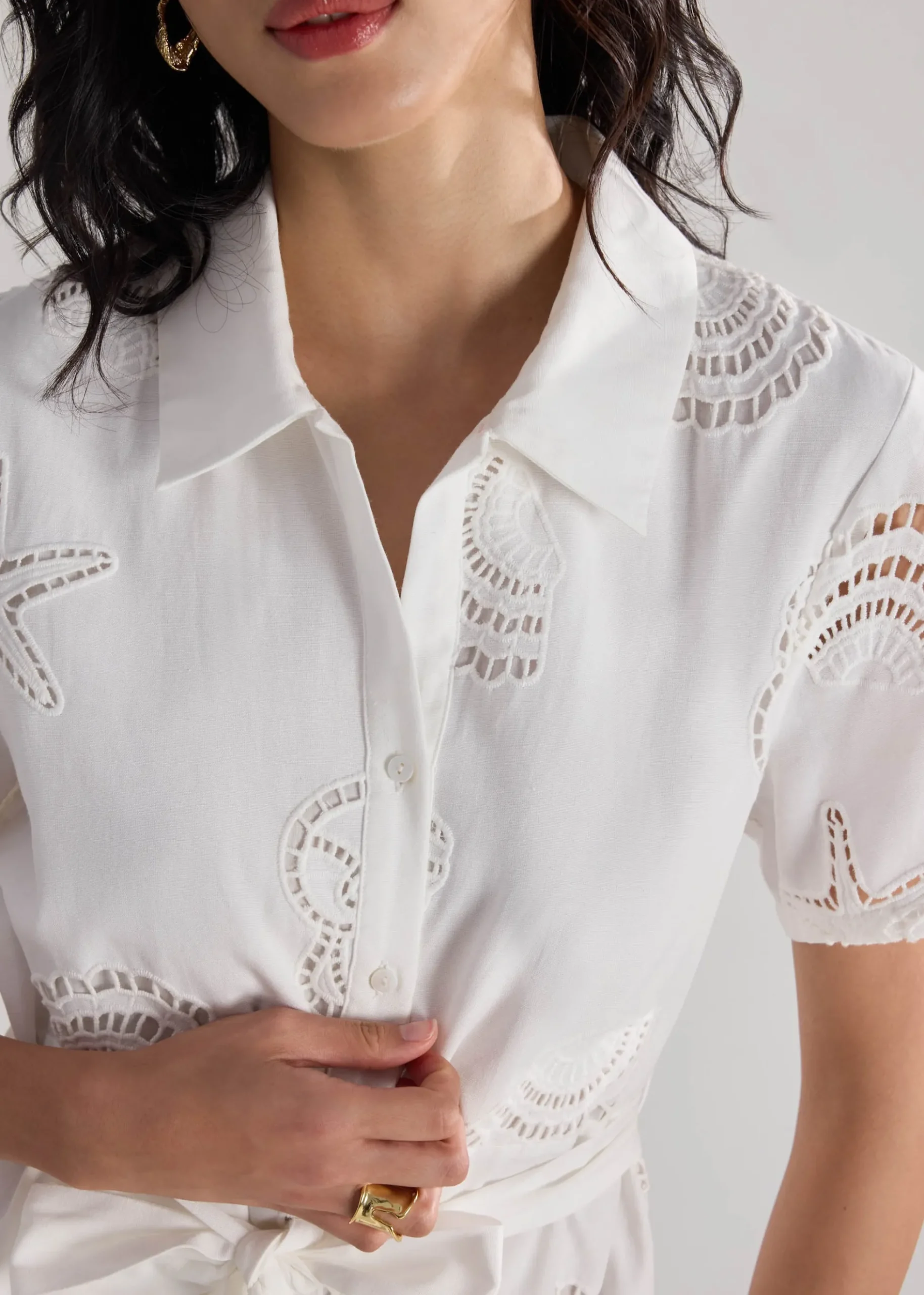 Collared Fit & Flare Dress With Sash in Tidal Escape Broderie