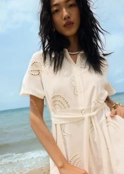 Collared Fit & Flare Dress With Sash in Tidal Escape Broderie