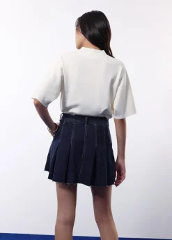 Contrast Stitch Denim Pleated High Waist A-line Mini Skirt