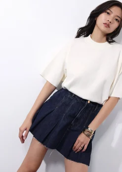 Contrast Stitch Denim Pleated High Waist A-line Mini Skirt