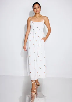 Cotton Floral Embroidery Camisole Fit & Flare Maxi Dress