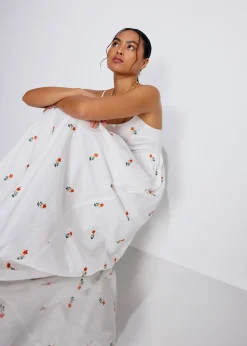 Cotton Floral Embroidery Camisole Fit & Flare Maxi Dress