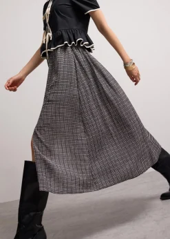Crinkled Check Lyocell High Waist Flare Midaxi Skirt