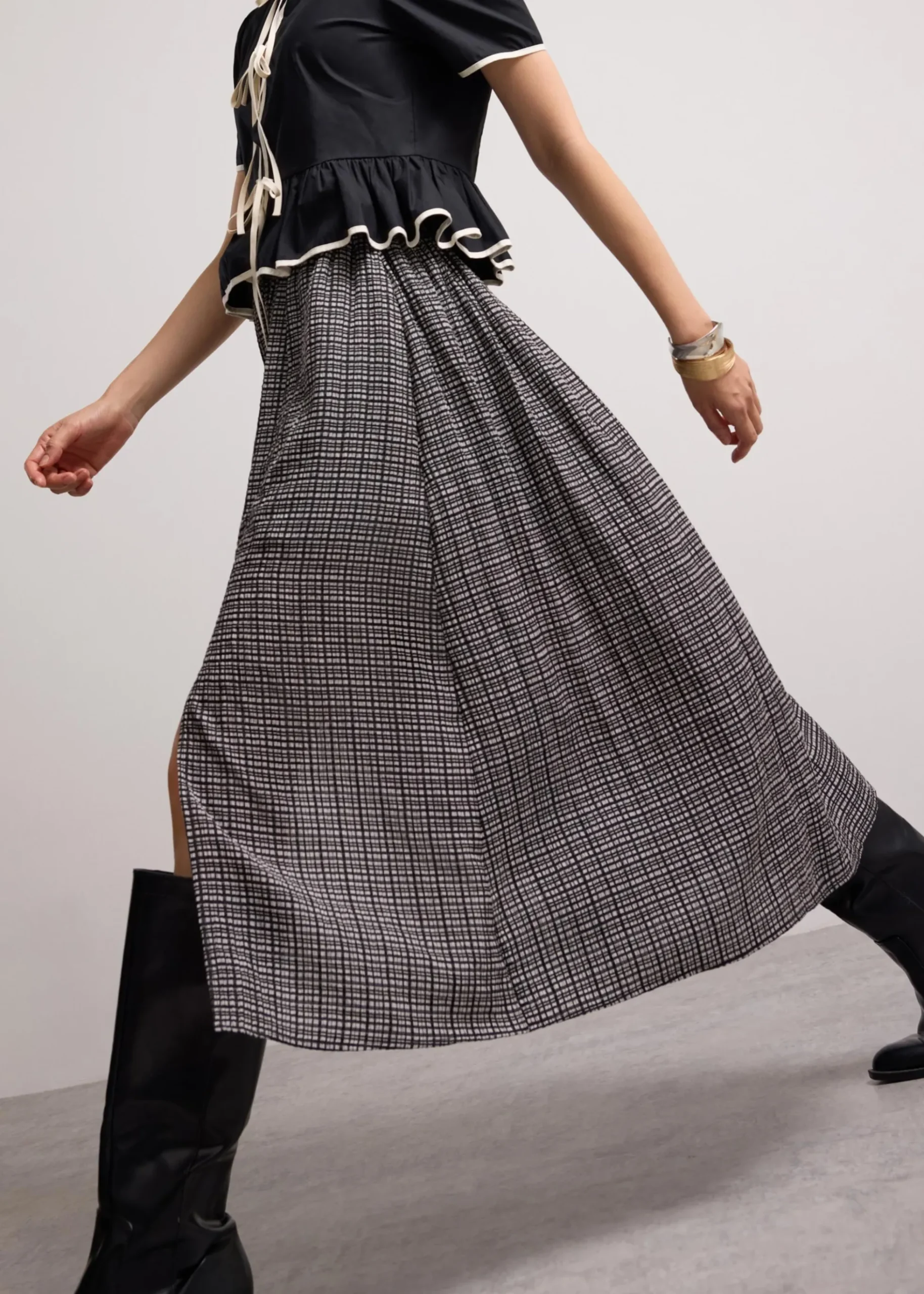 Crinkled Check Lyocell High Waist Flare Midaxi Skirt