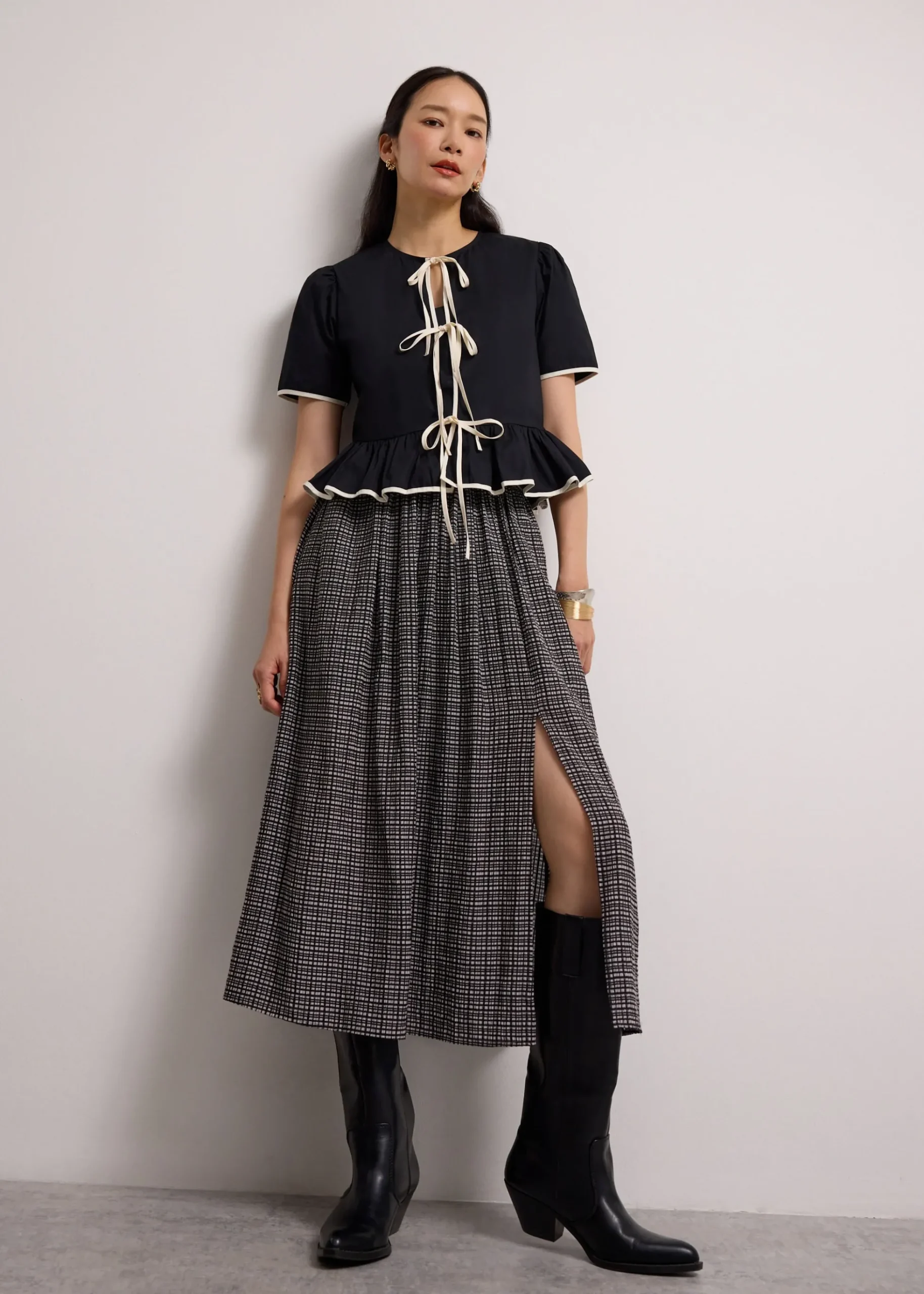 Crinkled Check Lyocell High Waist Flare Midaxi Skirt