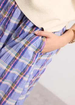 Crinkled Plaid High Waist Flare Midaxi Skirt