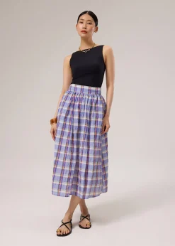 Crinkled Plaid High Waist Flare Midaxi Skirt