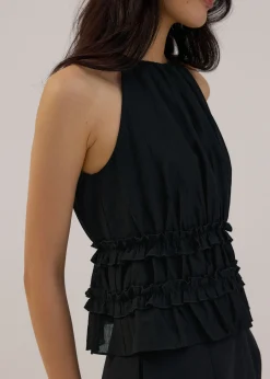 Crinkled Sheer Peplum Halter Top