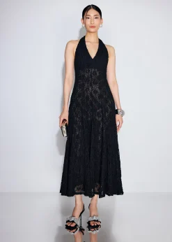 Crochet Halter Plunge Fit & Flare Midaxi Dress