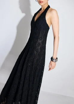 Crochet Halter Plunge Fit & Flare Midaxi Dress