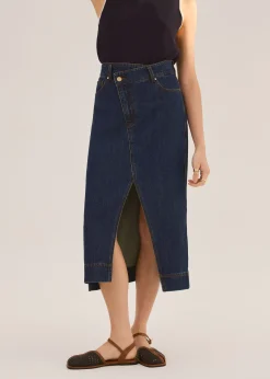Denim Asymmetric Waistband Front Slit Column Midaxi Skirt
