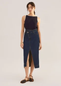 Denim Asymmetric Waistband Front Slit Column Midaxi Skirt