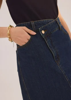 Denim Asymmetric Waistband Front Slit Column Midaxi Skirt