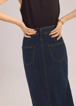 Denim Asymmetric Waistband Front Slit Column Midaxi Skirt