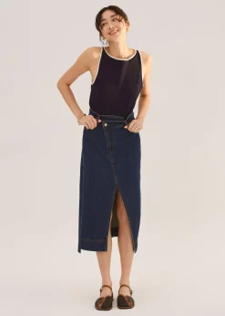 Denim Asymmetric Waistband Front Slit Column Midaxi Skirt